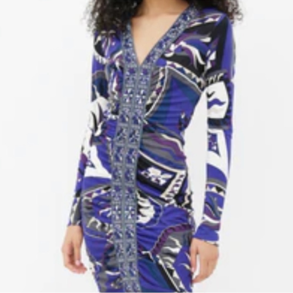 Emilio Pucci Blue & Purple Swirl Print Long Sleeve V-Neck Midi Dress